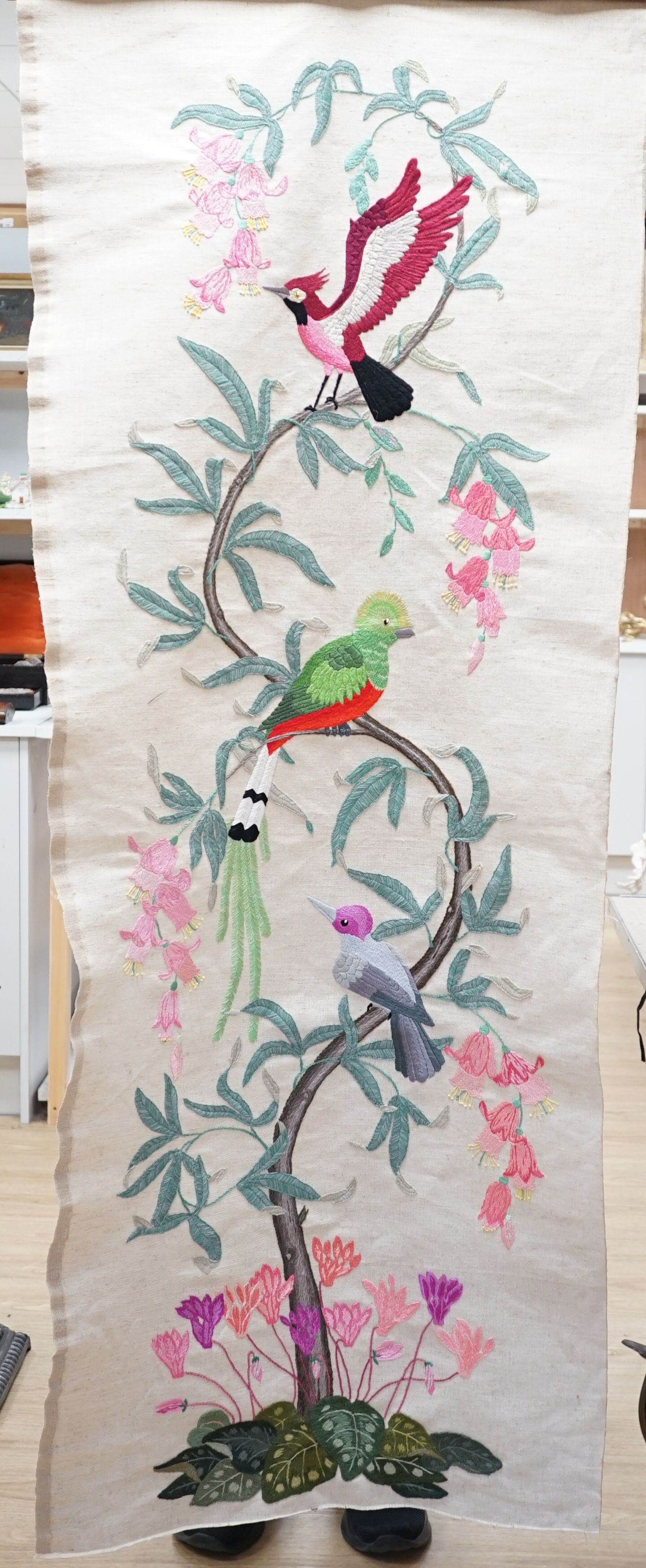 A contemporary wool work and silk embroidered, 'Tree of Life' panel, 170 cms high.